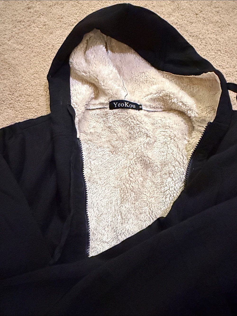 YeoKou Women's Black Teddy-Lined Hooded Jacket with Cream Sherpa